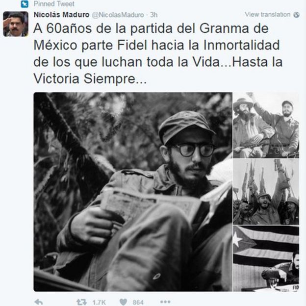 Cuenta de Twitter de Nicolás Maduro recordando a Fidel Castro