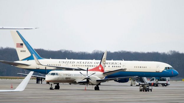 A US plane is pictured on the tarmac of Geneva's airport on Sunday as four Iranian-Americans freed by Iran are awaited in Switzerland