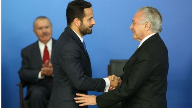 Marcelo Calero e o presidente Michel Temer, com José Sarney ao fundo