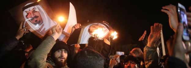 Iranian protesters gather outside the Saudi Embassy in Tehran