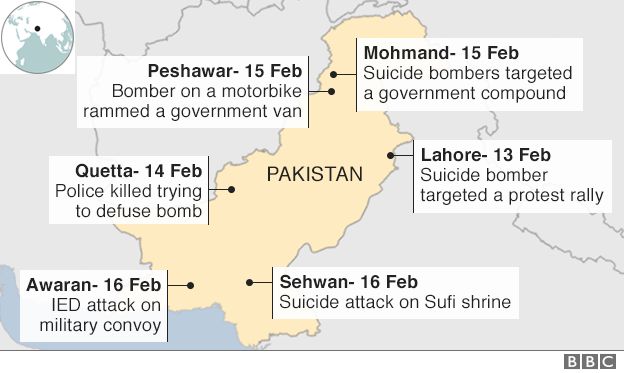 Map showing militant attacks this week in Pakistan: Lahore on Feb 13, Quetta on Feb 14, Peshawar and Mohmand on Feb 15, Awaran and Sehwan on Feb 16