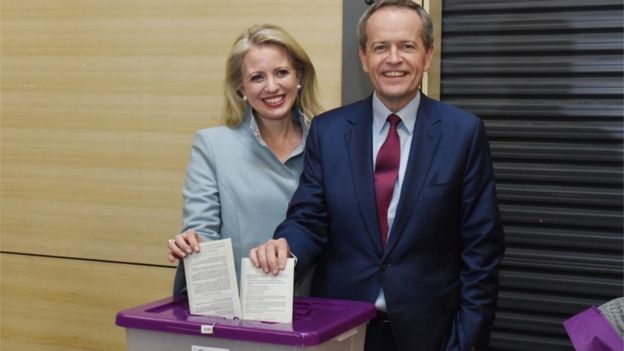 Bill Shorten casts his vote earlier on Saturday with wife Chloe at a school in Melbourne