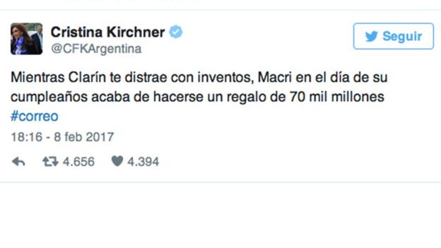 La expresidenta Cristina Fernández de Kirchner, antecesora de Macri, se sumó a la polémica.