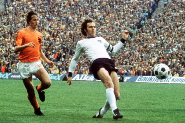 Dutch football legend Johan Cruyff (left) playing for Holland (Netherlands) challenges German defender Franz Beckenbauer (right), during the Fifa 1974 World Cup Final at the Olympic Stadium in Munich, Germany