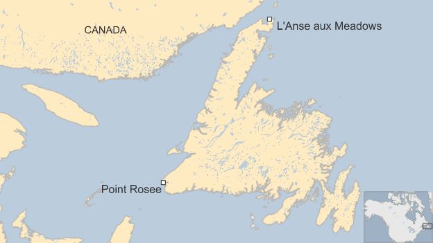 Map showing location of Point Rosee and L'Anse aux Meadows