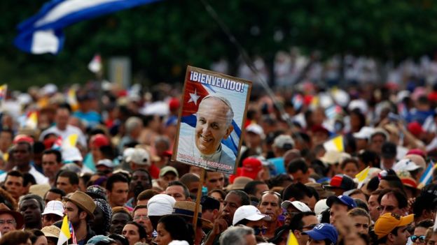 Faithful wait for the arrival of Pope Francis for a Mass in Revolution Plaza in Havana, Cuba