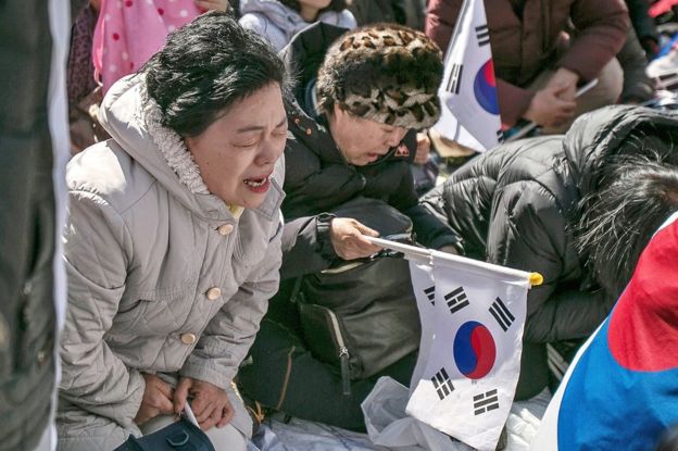 Supporters of President Park Geun-hye react emotionally as the Constitutional Court had ruled the impeachment near the court on 10 March 2017 in Seoul, South Korea