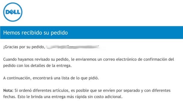 Notificación de recibo de pedido Dell