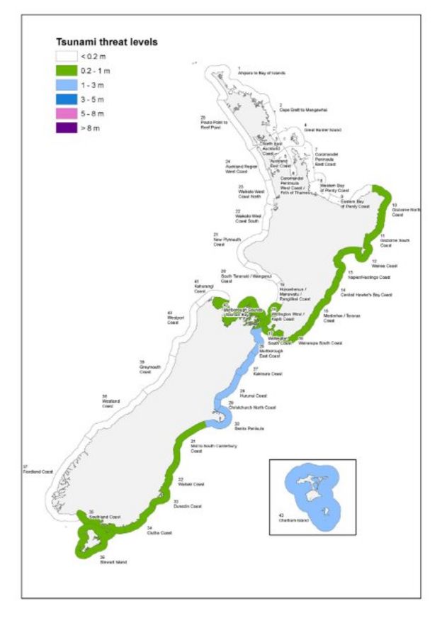 A map showing the strength of waves expected to hit New Zealand's coastline