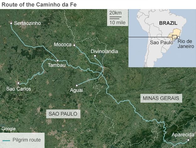 Map showing the route of the Caminho da Fe pilgrimage in Brazil