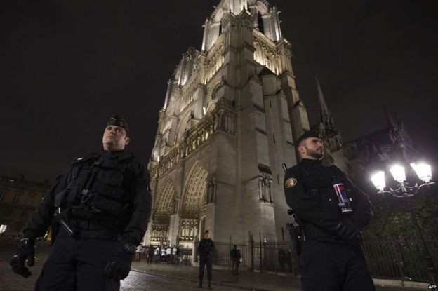 Police outside Notre Dame cathedral in Paris, 19 November