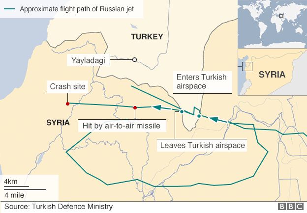 Map based on radar image published by Turkish armed forces purportedly showing track Russian Su-24 crossed into Turkish airspace before being shot down on 24 November 2015
