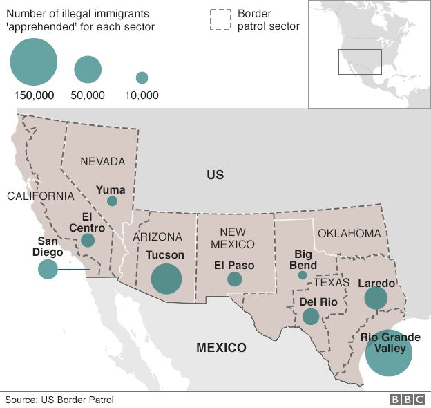 Map showing where most immigrants are detained entering the US from Mexico - highest being Rio Grande Valley and Tucson, Arizona - May 2016
