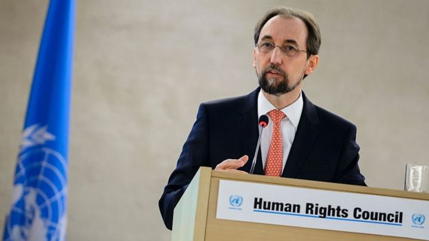 United Nations High Commissioner for Human Rights Zeid Raad Al-Hussein delivers his speech at the opening of the main annual session of the United Nations Human Rights Council