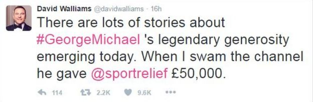 In a string of tweets celebrating Michael's music and humour, comedian and author David Walliams tweeted that the star had supported his 2006 cross-Channel swim to the tune of £50,000.