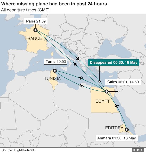 Map showing where the missing plane had been in the previous 24 hours