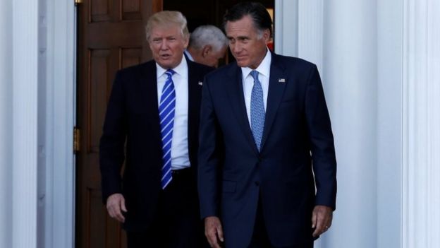 Donald Trump and former Massachusetts Governor Mitt Romney emerge after their meeting in New Jersey.