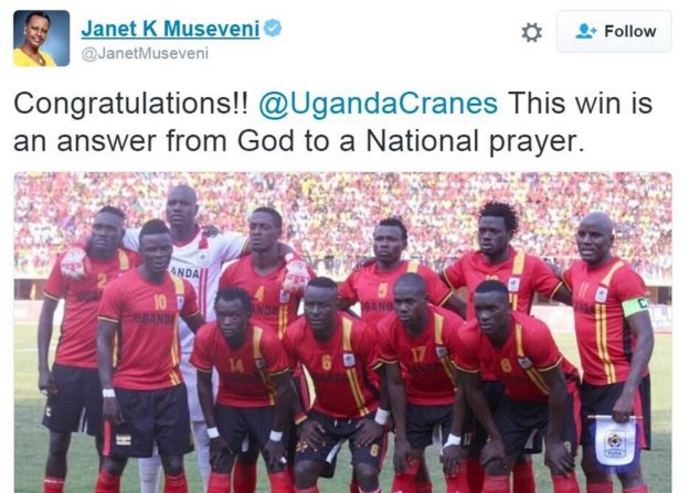 ugandan national team photo with tweet from Janet Museveni which reads: 