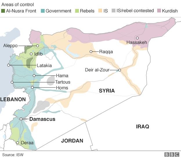 Mappa delle zone di controllo in Siria. Credit to: BBC/ISW