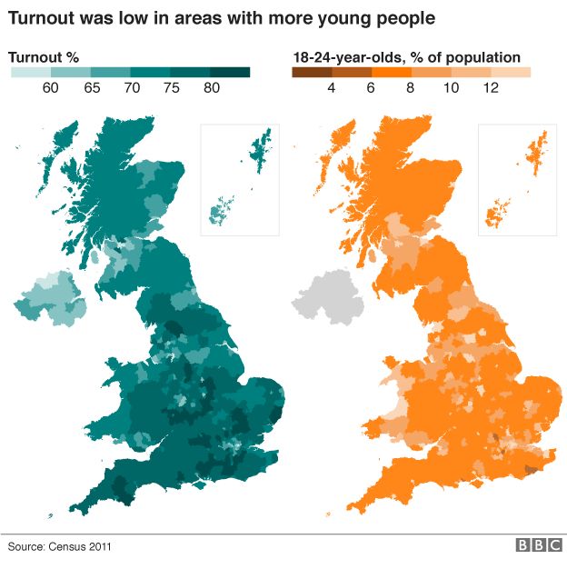 Maps of turnout and 18-24 year old population side by side