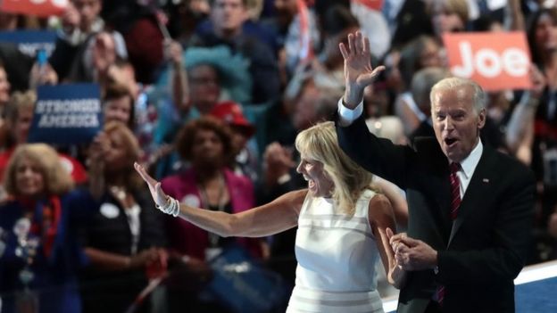 Vice President Joe Biden and his wife Jill Biden, wave to the crowd after delivering remarks at the Democratic convention.