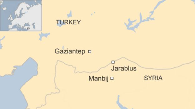Map of Turkey and Syria showing Jarablus, Gaziantep, Manbij