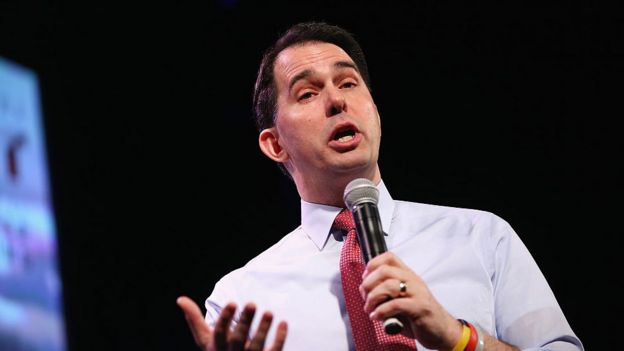 Scott Walker talks at the Iowa Freedom Summit in January 2015.