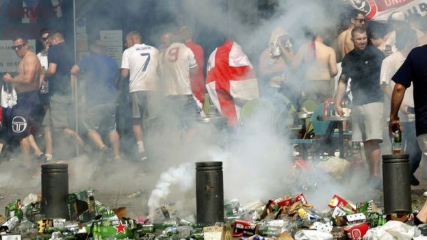 England fans in Marseille amid a cloud of tear gas