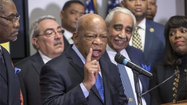 John Lewis, D-Ga., a leader of the civil rights movement, joins the Congressional Black Caucus Political Action Committee in endorsing Democratic Presidential candidate Hillary Clinton as prominent African-American Democrats rush to her aid ahead on 11 February 2016,