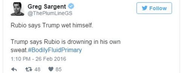 Tweet by Greg Sargent about Rubio/Trump criticisms on sweating and wetting themselves