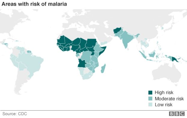 Map outlining areas at high, moderate and low risk from malaria