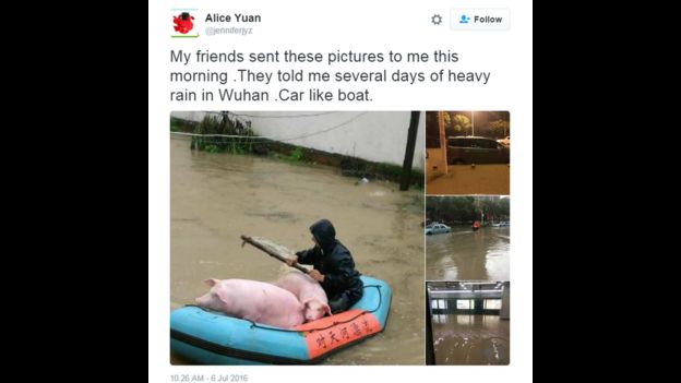 Tweet - my friends sent these pictures to me, photos of flooded Wuhan