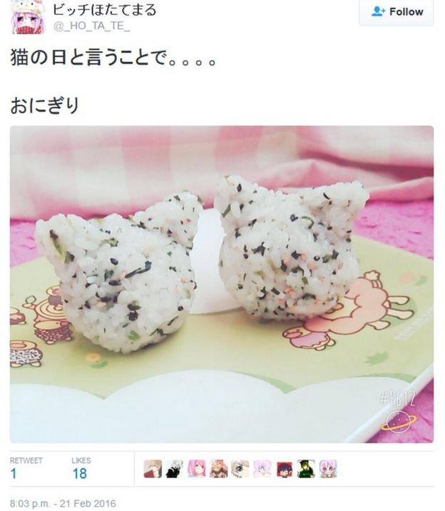 Tweet by @_HO_TA_TE_ on cat-shaped onigiri balls