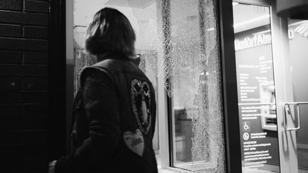 Broken shop window in Portland, Oregon, after the anti-Trump protests of 10 November, 2016