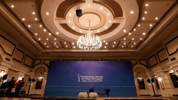 Men at work to prepare the Syria peace talks conference room at Astana's Rixos President Hotel. January 22, 2017