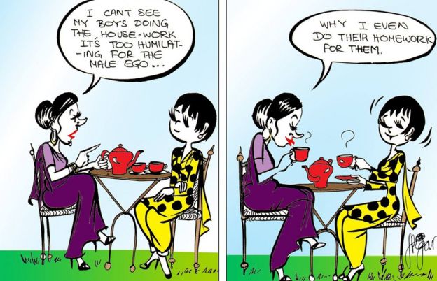 Comic showing Gogi having tea with another Pakistani woman. The woman says: