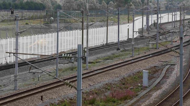 Security fencing near Eurotunnel entrance in Calais