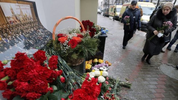 Flowers are laid at the home of the Alexandrov Ensemble in Moscow, 25 Dec