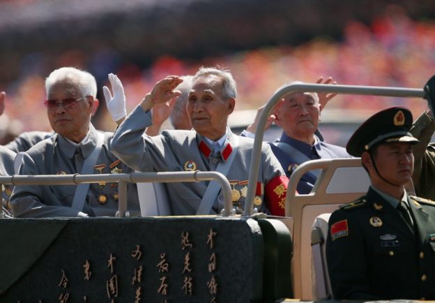A picture released by Xinhua News Agency shows veterans saluting as they pass through Tiananmen Square during a military parade marking the 70th Anniversary of the Victory of Chinese People's Resistance against Japanese Aggression and World Anti-Fascist War in Beijing, China, 3 September 2015.