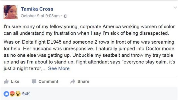 Facebook post which details Dr Tamika Cross' experience on board a Delta Airline flight
