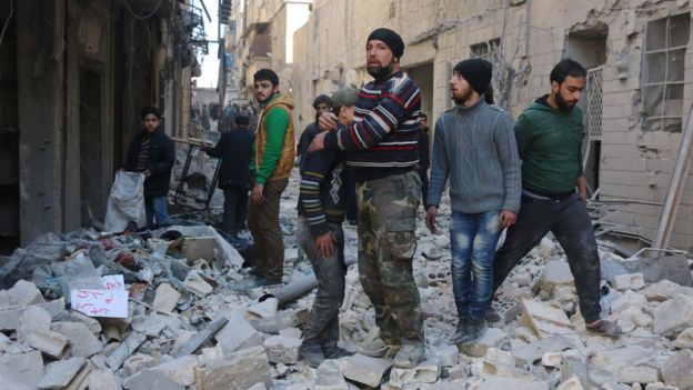 Aftermath of an air strike on rebel-held Kalasa district of Aleppo (4 February 2016)