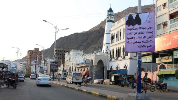 banners hung by Al-Qaeda militants in the Yemeni port of Mukalla