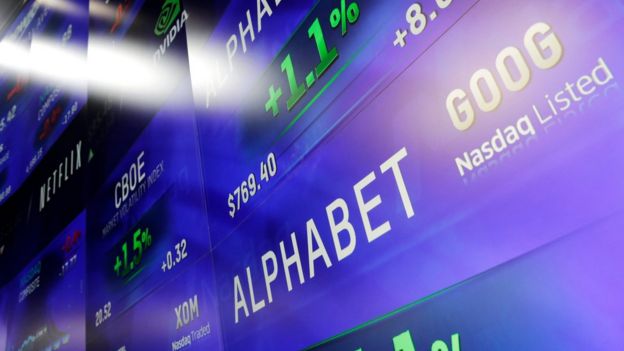 Acompanhamento das ações da Alphabet na Nasdaq, em Nova York