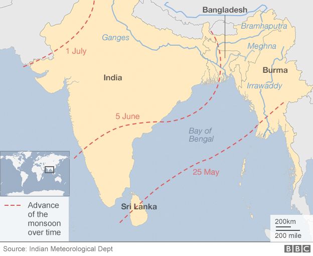 Map of monsoon forecast and major rivers entering the Bay of Bengal