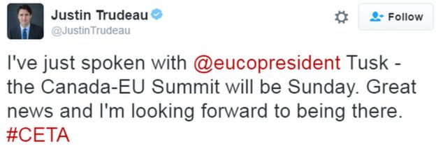 Tweet by Canadian PM Justin Trudeau