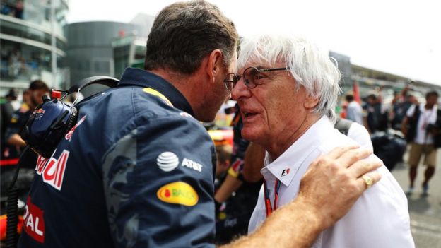 Red Bull Racing Team Principal Christian Horner talks to F1 boss Bernie Ecclestone
