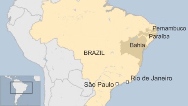 Map showing location of states of Bahia, Paraiba and Pernambuco in Brazil
