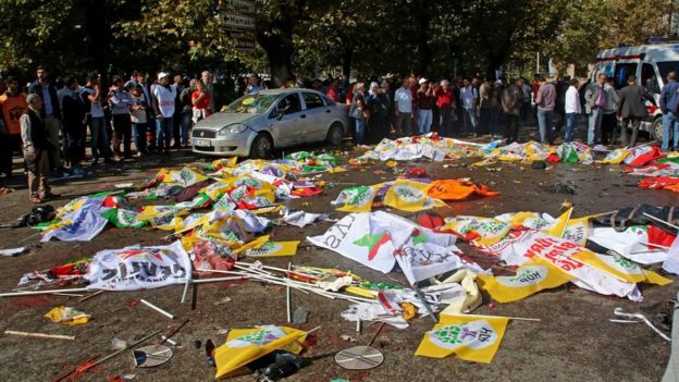Victims' bodies covered in banners after multiple explosions before a rally in Ankara, Turkey 10 October 2015.