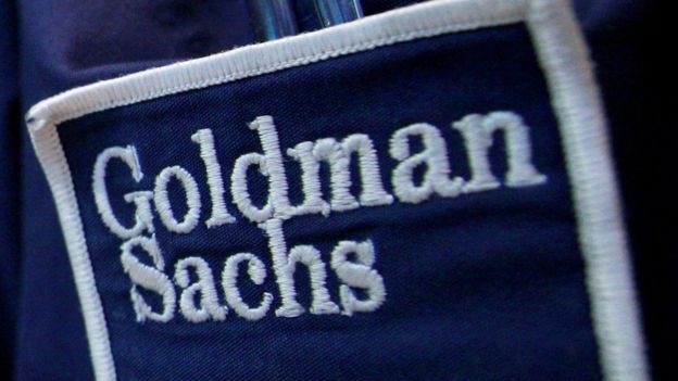 The logo of Dow Jones Industrial Average stock market index listed company Goldman Sachs (GS) is seen on the clothing of a trader working at the Goldman Sachs stall on the floor of the New York Stock Exchange, United States 16 April, 2012.