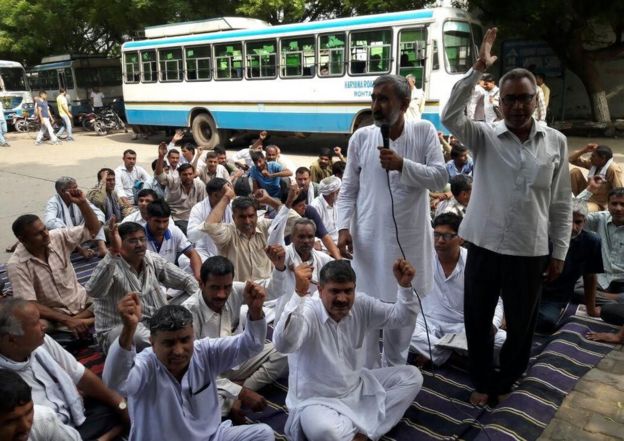 Striking bus drivers in Haryana
